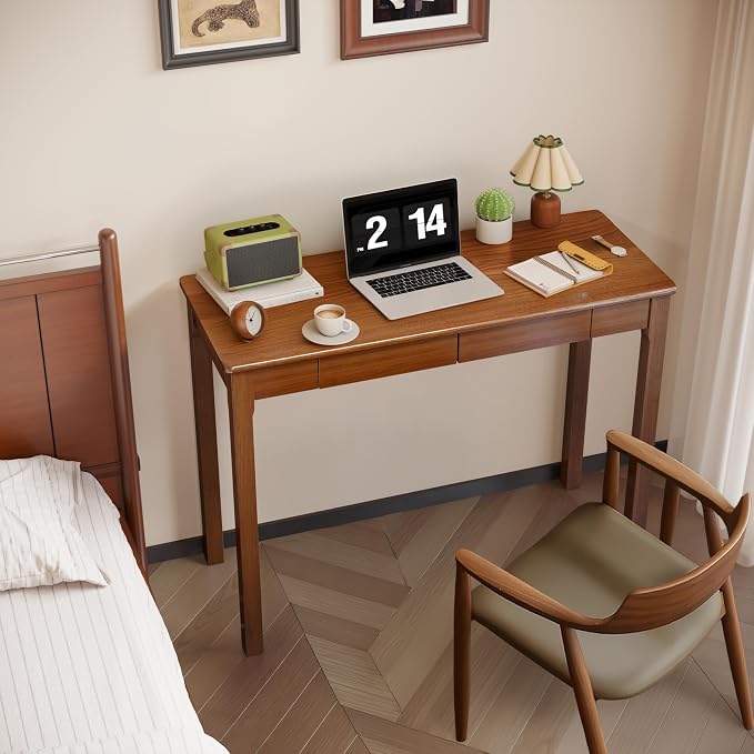 Wood Desk with Drawers - Solid Wood Mid Century Modern Desks for Bedroom, Small Computer Desk for PC, Laptop, Study, Makeup, 39.4 W x 29.5 H x 15.75 D in, Walnut Color - Image 4