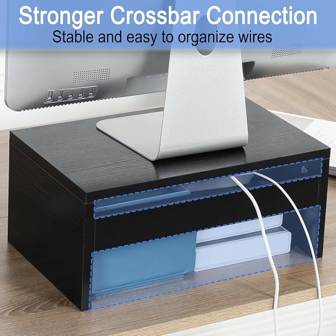 TEAMIX 6.7 inch Tall Monitor Stand Riser, Wood Shelf Riser, Desk Organizer | Laptop/Printer/Computer Stand, Extra Storage Underneath, Minimalist, Modern Design, Smooth Black Finish, for Home Office - Image 3
