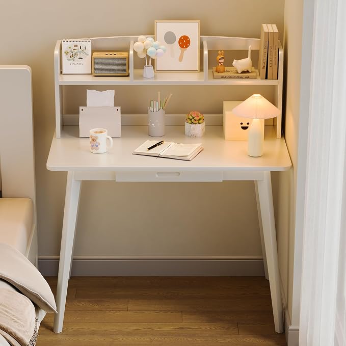 IOTXY Small Writing Desk with Hutch - 39.4" Work Computer Study Table | White , Storage Drawer, Space-saving for Home and Office, with Bookshelves - Image 8