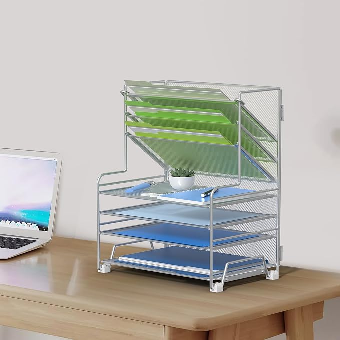 MINDEPOT 4-Tier Paper Organizer + 3-Pocket File Holder + Drawer + Pen Holders, Desktop File Organizers Paper Tray for Office Supplies School Classroom Organization (Silver, with Drawer & Pen Holder) - Image 6