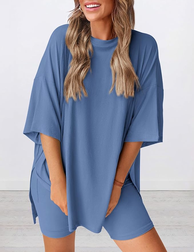 PRETTYGARDEN Women 2 Piece Lounge Set 2026 Summer Casual Oversized Shirts Biker Shorts Matching Airport Travel Outfit Clothes - Image 3