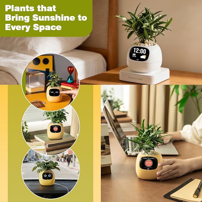 Upgraded AI Smart Flower Pot Multi-Emotion Interactive Digital Display Self Watering Planter Robot Flower Pot Supports 50+ Plants Decor for Desk Home Pet Office(Yellow) - Image 8