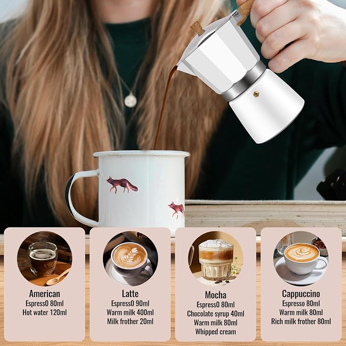 3 Cup Aluminum Moka Pot Classic Stovetop Espresso Coffee Maker 150ml 5oz Coffeemaker Percolator Mocha Express Preferred Cafe Makers for Italian and Cuban Café Brewing White - Image 7
