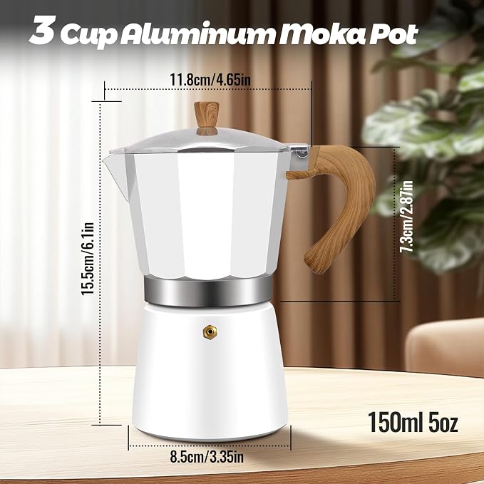 3 Cup Aluminum Moka Pot Classic Stovetop Espresso Coffee Maker 150ml 5oz Coffeemaker Percolator Mocha Express Preferred Cafe Makers for Italian and Cuban Café Brewing White - Image 2