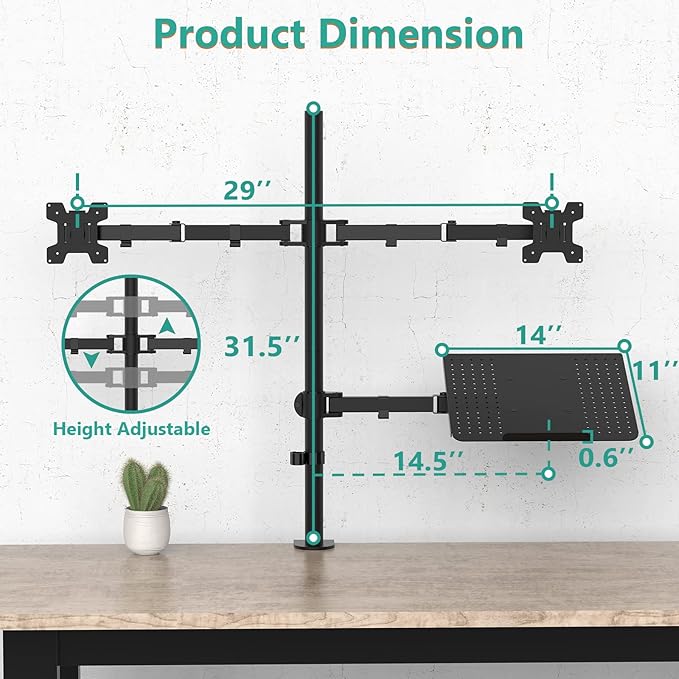 WALI Triple Arm Laptop and Dual Monitor Desk Mount for 17" Notebook and Up to 27" Screens, Extra Tall Adjustable Monitor Stand with Laptop Tray, VESA 75x75 100x100, Black (M002XLLP) - Image 5