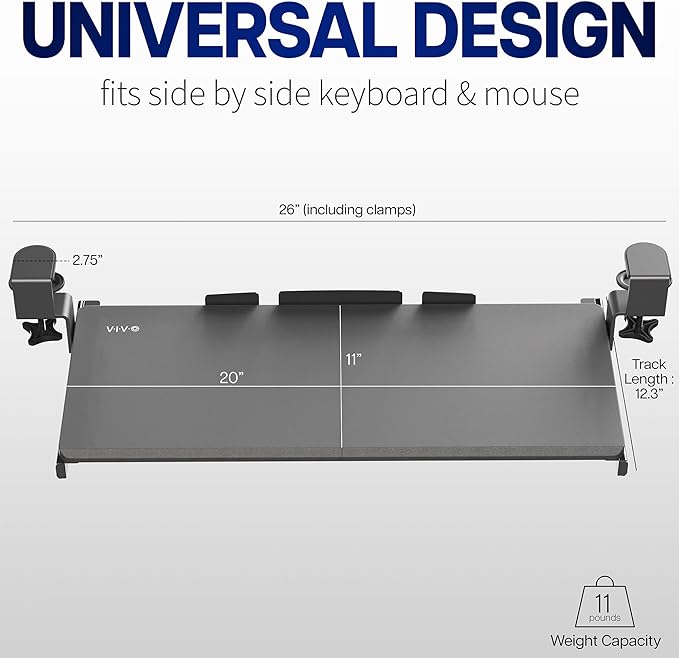VIVO Small Keyboard Tray, Under Desk Pull Out with Extra Sturdy C Clamp Mount System, 20 Inches (26 Inches Including The Clamps) x 11 Inches Slide-Out Platform Computer Drawer for Typing, Black, | Keyboard Tray for Typing, Slide Out Platform, Extra Stu... - Image 4