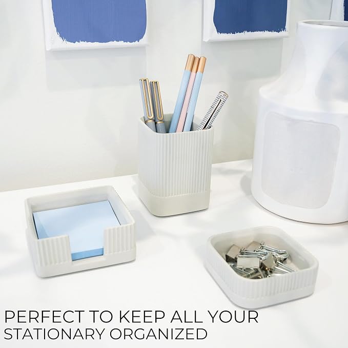 Aesthetic Desk Organizer Set of 3 For Your Office - Sturdy Concrete Desktop Accessories For Women or Men Enhance Any Office Decor - Set incl. Pen Holder, Paperclip Storage and Sticky Note Holder - Image 3