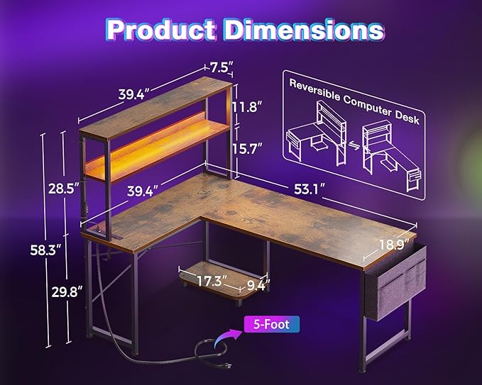AODK L Shaped Desk Gaming Desk with LED Light & Power Outlet | 53 Inch Vintage Reversible L Shaped Computer Table with Shelf & Storage Bag & Hook for Home Office - Image 3
