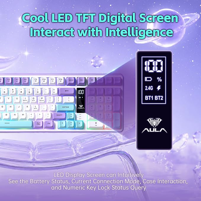 Aula S99pro V2 Wireless Gaming Keyboard,Silent Computer Keyboards,Creamy Membrane Keyboard with Number Pad,Tri-Mode Bluetooth/2.4GHz/USB-C,RGB Backlit,Digital Display Screen - Star Illusion Purple - Image 7