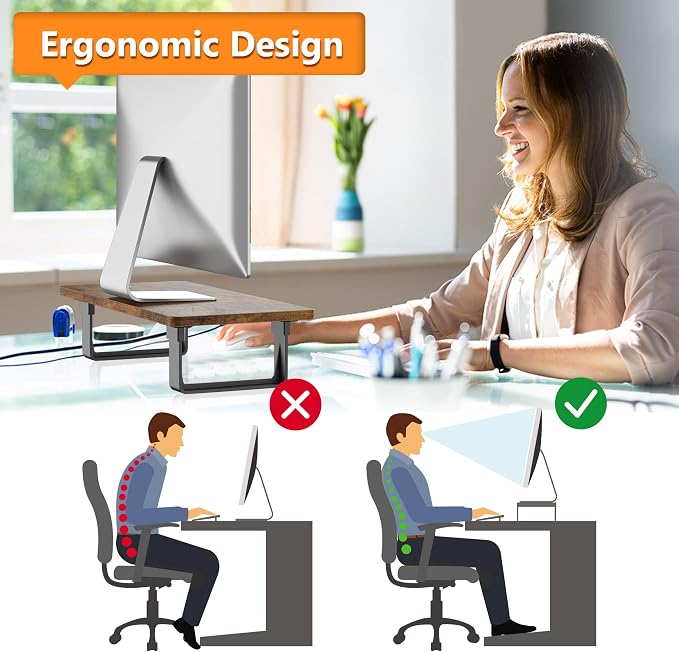 Monitor Stand Riser with 50 LB Capacity, Stable Wood Computer Monitor Stand for Desk Organizers, Anti-slip Computer Riser Monitor Shelf for PC Laptop Notebook Printer Computer iMac, Rustic Brown - Image 2
