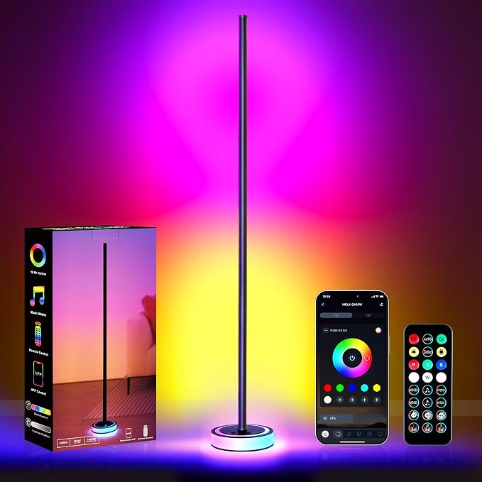 59" Smart LED Corner Floor Lamp, RGBICW Color Changing Ambient Lighting, App Control Music Sync Mood Light, Modern Dimmable Room Decor for Bedroom, Living Room, Gaming Setup, Black by Wfiia