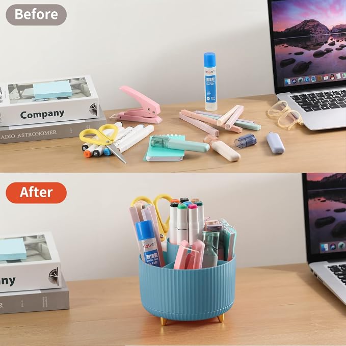 Desk Pencil Pen Holder, 5 Slots 360°Degree Rotating Organizers for, Desktop Storage Stationery Supplies Organizer, Cute Cup Pot Office, School, Home, Art Supply, Blue - Image 4