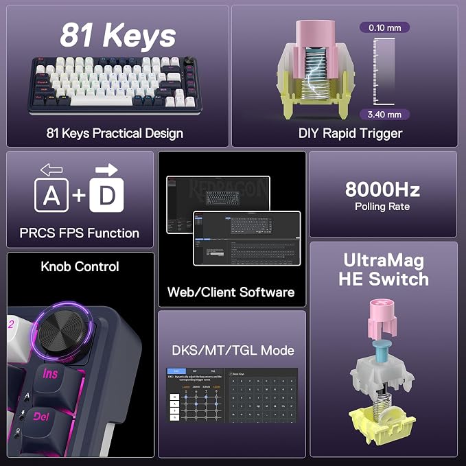 Redragon K673 HE Wired Hall-Effect Rapid Trigger Magnetic Gaming Keyboard | Multi-Function Control Wheel, Silky POM 8K Switches for Valorant & FPS Precision, Zero Delay, Compact 80% Size, PRO Software - Image 2