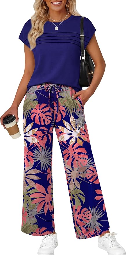WIHOLL Two Piece Set for Women Summer Spring Outfits Matching Sets Women Clothing Airport Travel Vacation Wide Leg Pants by WIHOLL