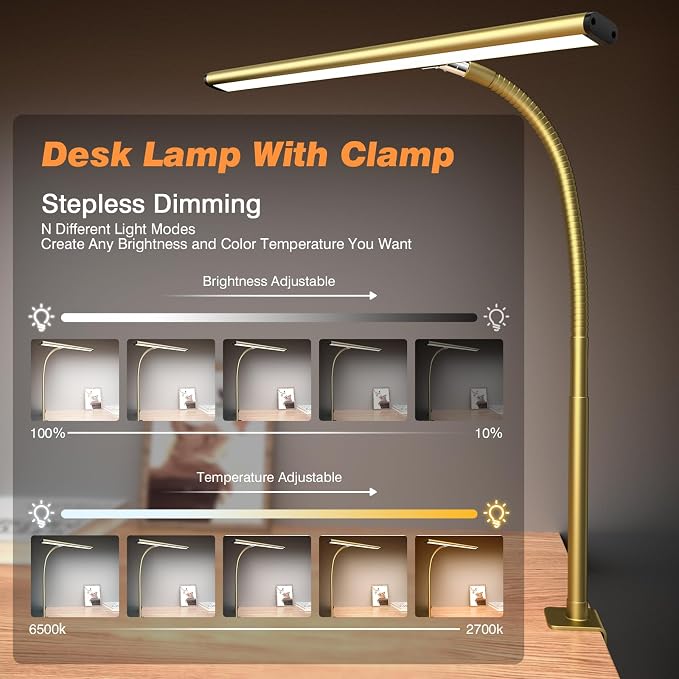 Airlonv LED Desk Lamp for Office Home, Eye-Caring Desk Light with Stepless Dimming Adjustable Flexible Gooseneck, 10W USB Adapter Desk Lamp with Clamp for Reading, Study, Workbench (Gold) - Image 2