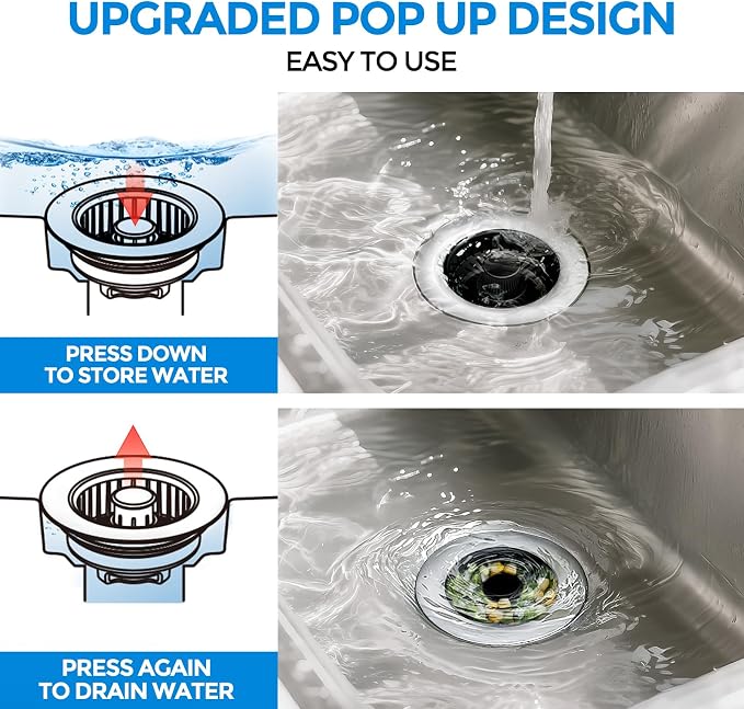 3 in 1 Kitchen Sink Drain Strainer Stopper Removable Basket Pop-Up | Kitchen Sink Accessories 1 Pack Brushed Black Stainless - Food Catcher, Odor-Blocking Seal, Fits 3.5" Drain - Image 3