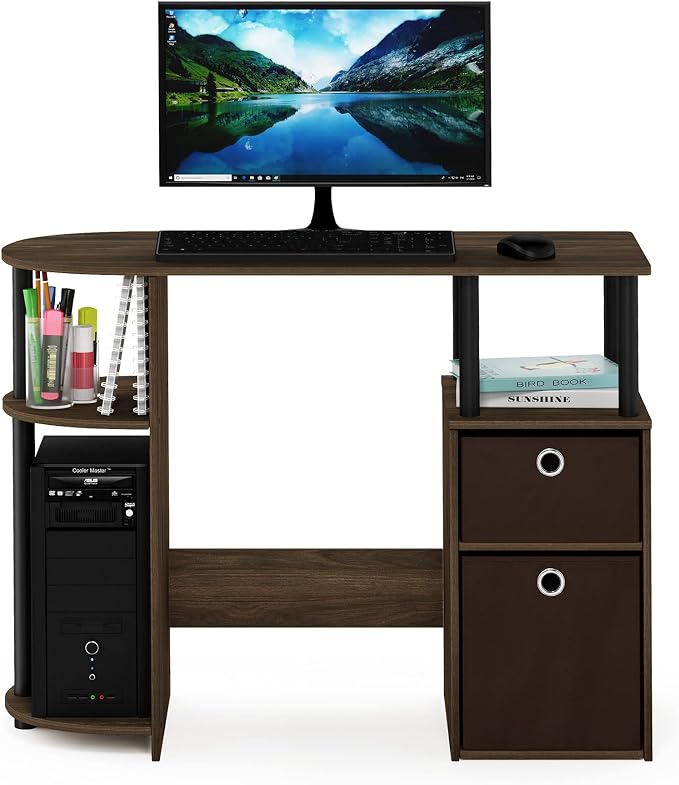 Furinno JAYA Desk, 38.4" Wide Gaming Desk with Bin Drawers, Computer Desk with Side Shelf, Office Desk for Study, Home Office, Bedroom, Dorm, Study Room, Columbia Walnut - Image 4