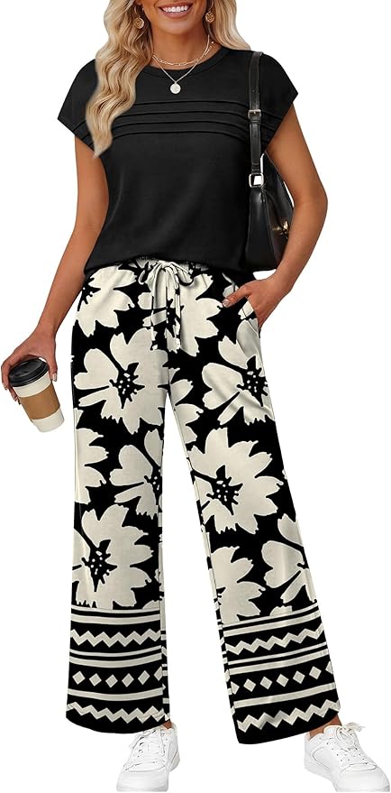 WIHOLL Two Piece Set for Women Summer Spring Outfits Matching Sets Women Clothing Airport Travel Vacation Wide Leg Pants by WIHOLL