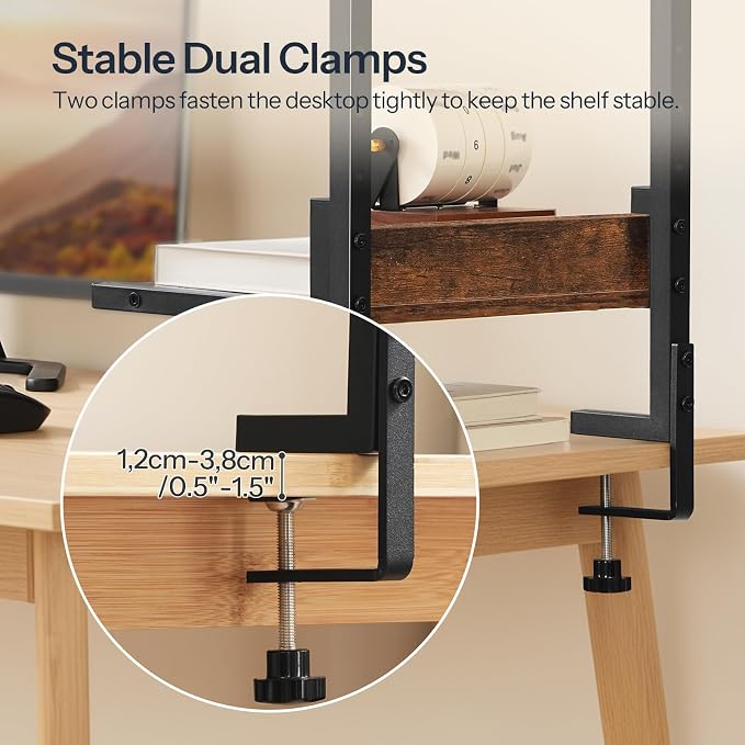 HOOBRO Clamp On Desk Shelf, 2-Tier Desktop Organizer, Space-Saving Desk Shelf with Adjustable Shelves, for Office, Study, Entertainment Accessories, Rustic Brown and Black BF32SJ01 - Image 7