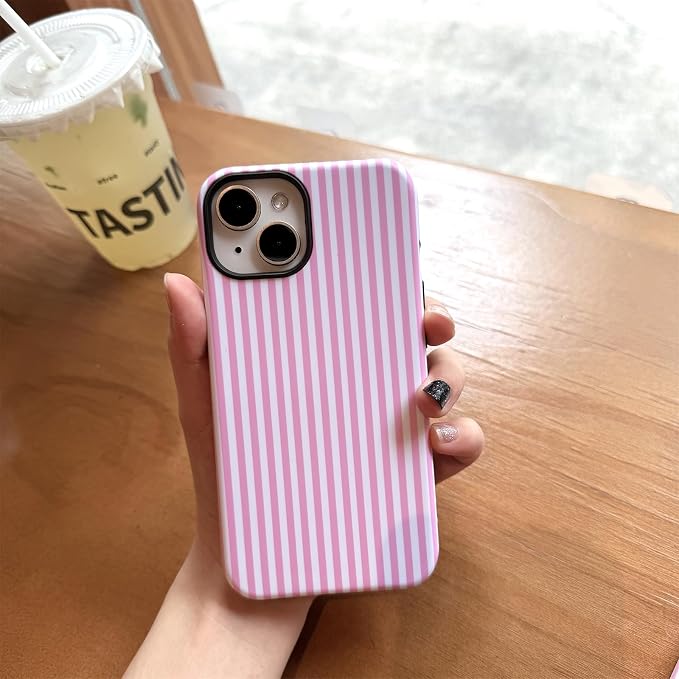 for iPhone 15 Case Striped Cute Aesthetics Phone Case Trendy Protective Shockproof Cover for iPhone 15 Pink White - Image 2