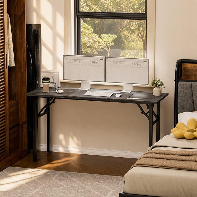 Folding Table Computer Desk - 55.1" No Assembly Folding Desk Design and Foldable Office Desk, Small Desk for Bedroom, Compact Storage Portable Use for Dorm and RV Small Space, Marble Greige - Image 2