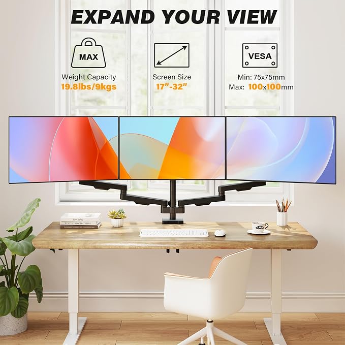 5Rcom Triple Monitor Mount Stand for 17-34 Inch Computer Screens | Gas Spring Full Motion Arms, Each Holds 22lbs, Compatible 75/100mm VESA Mount - Image 2