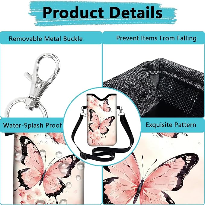 Pink Phone Sleeve with Adjustable Strap Neck Lanyard Fits Most Smartphones, Waterproof Phone Pouch Butterflies Flower Pattern Neoprene Nylon Phone Bag Carrying Case for Women 7.1 x 3.9 Inch - Image 4