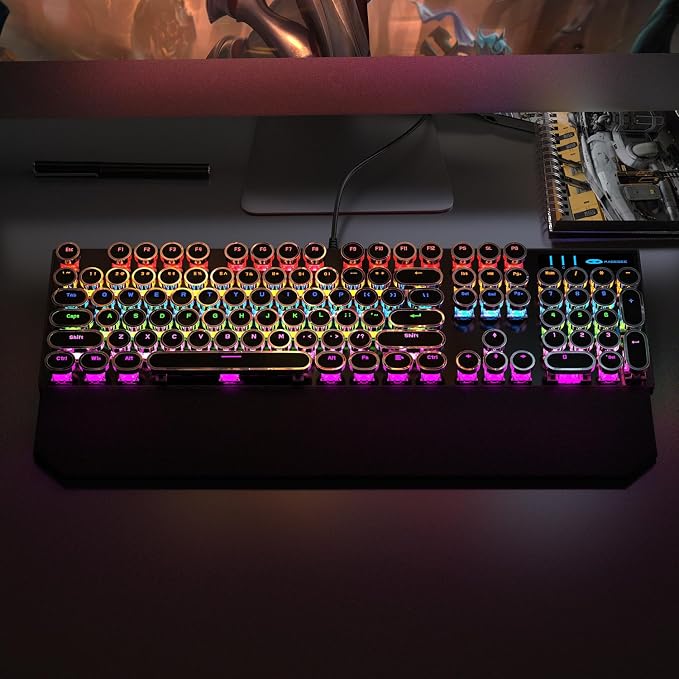 Camiysn Typewriter Style Mechanical Gaming Keyboard, Black Retro Punk Gaming Keyboard with RGB Backlit, 104 Keys Blue Switch Wired Cute Keyboards, Round Keycaps for Windows/Mac/PC - Image 7