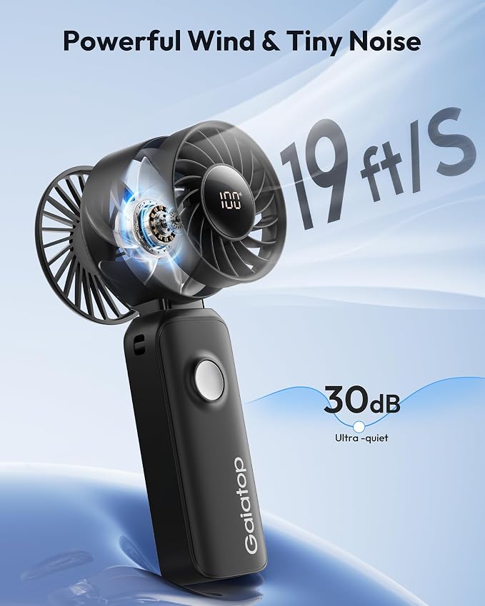 Gaiatop Portable Handheld Fan, 5 Speed Rechargeable Battery Max 18 Working Hours, 3 IN 1 Neck/Desk/Hand Fan Cooling for Travel, Beach, Women/Men Outdoor Activities Gifts - Black - Image 3