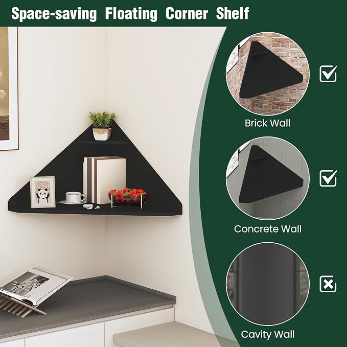 GOFLAME Floating Corner Desk, Wall Mounted Triangular Computer Desk w/Storage Shelf, Space-Saving Design, 90° Wooden Floating Home Office Desk for Writing, Working, Studying (Black) - Image 5