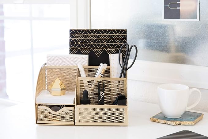 BLU MONACO | Gold Desk Organizer with Drawer | Metal Desktop Caddy with Six Compartments for Office Supplies | Stylish Desk Organizers and Accessories for Home or Office - Image 2