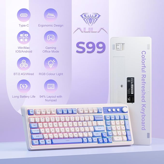 AULA 99 Key Purple Keyboard, Wireless Gaming Keyboard with Number Pad | RGB Backlit,Programmable,Creamy Sounding,Tri-Mode BT/2.4GHz/USB-C,2000mAh Membrane Keyboard,Thocky Computer Keyboards - Image 2