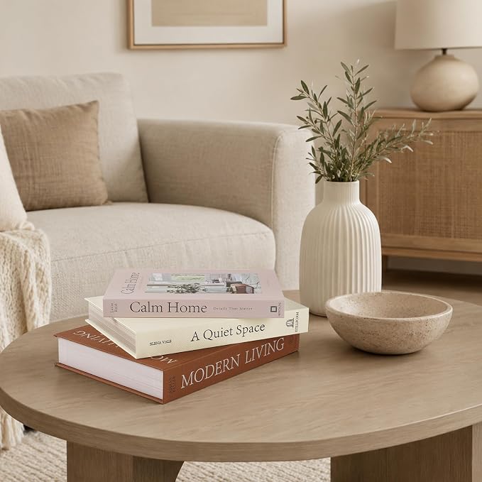 OuMuaMua Decorative Books for Home Decor, Set of 3 Stackable Fake Books for Coffee Table Bookshelf Decor, Modern Aesthetic Decorative Book for Home Living Room Bedroom Office Decoration, Linen Beige - Image 6