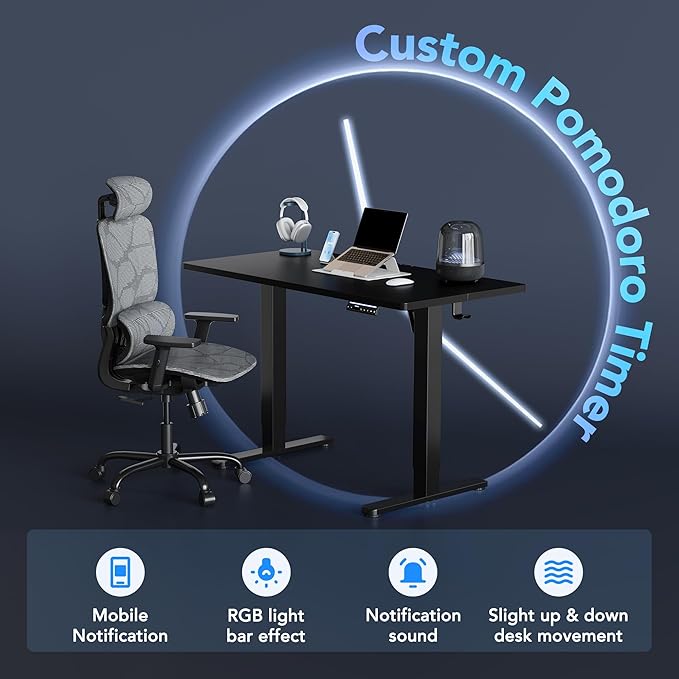 HUANUO 48" AI Smart Standing Desk with App-Synced Sedentary Reminders, Electric Height Adjustable Desk with Body-Data Ergonomic Presets, Voice Control Alexa/Google/Siri, 3 Memory Settings Table, Black - Image 4