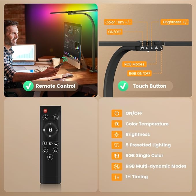 SIBRILLE Upgraded LED Desk Lamp for Home Office with RGB, Rotatable Computer Desk Light with Remote, Tall Table Lamp with Clamp for Working, Dimmable Dual Head Task Lighting for Monitor PC, 22W - Image 5