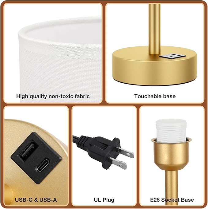 Dicoool Bedside Table Lamp for Bedroom - 3-Way Dimmable Touch Lamp, USB A+C | LED Bulb Included, 14" Small Nightstand Lamp for Desk, Living Room, Guest Room, White Fabric Lampshade, Gold Metal Base - Image 6