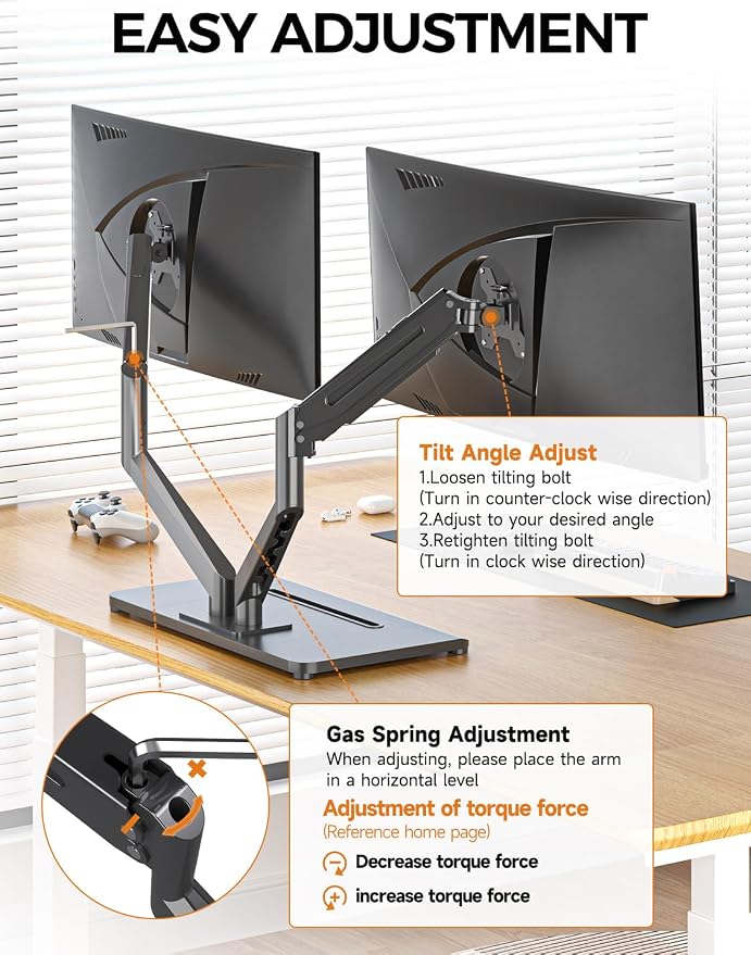 Bracwiser Dual Monitor Stand Free Standing Desk Mount, Premium Dual Monitor Arm Fits Two Screens up to 40 inch 26.45 lbs Fully Adjustable Arms with Heavy-Duty Wooden Base, Max VESA 100x100mm (MLXSPC) - Image 7