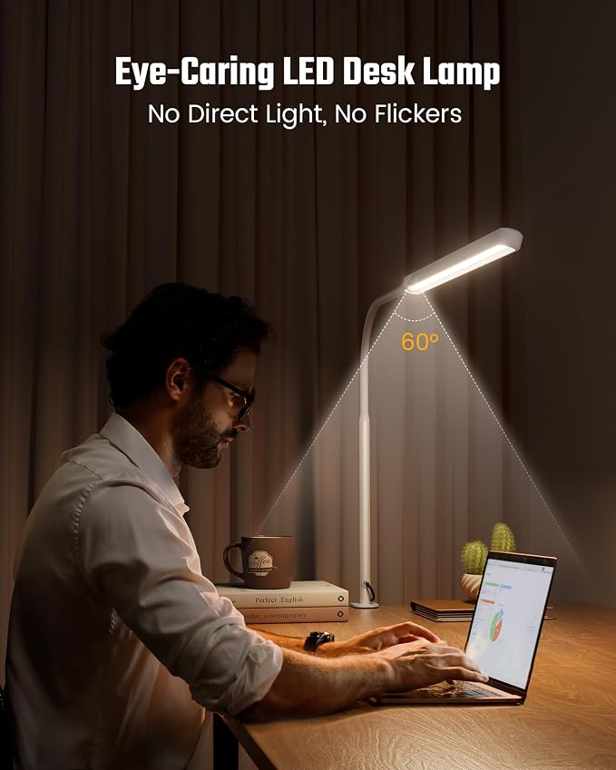 SUPERDANNY Eye-Caring LED Desk Lamp 360° Flexible Gooseneck Work Lamp with Desk Side Clamp Touch Control 3 Light Colors Smooth Dimming Task Lighting Reading Light for Home Office College Dorm, White - Image 2