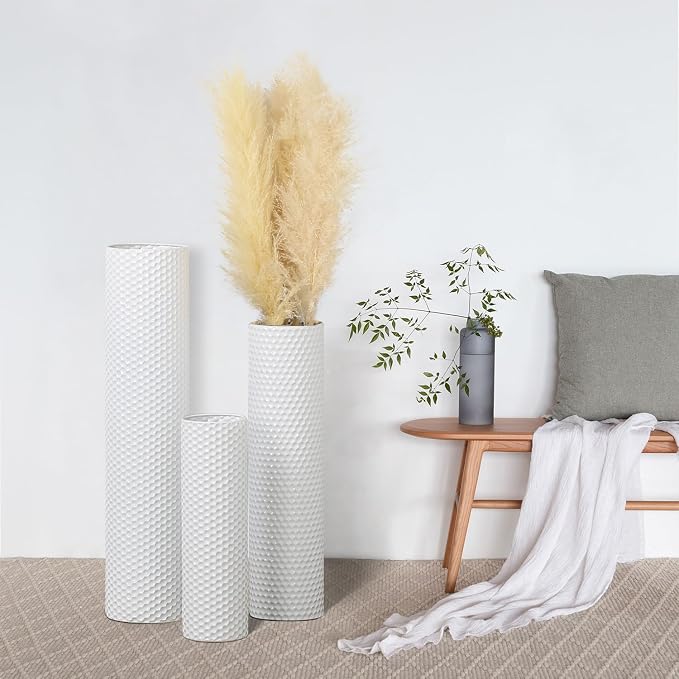 Dnnnii Tall Floor Vases Set of 3 - White Metal Cylinder Vases for Living Room Corner, Modern Honeycomb Texture, Extra Large Standing Decor (Tallest 27.6in, Home Bedroom Dining Decor) - Image 7