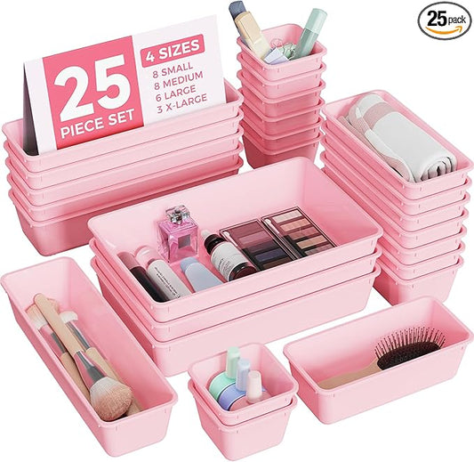 BiuLeon 25 PCS Plastic Drawer Organizers Set, 4-Sizes Vanity and Makeup Organizer, Desk and bathroom Drawer Organizer Trays, Organizers and Storage for Makeup, Jewelry, Gadgets, Utensils (Pink) by Unknown