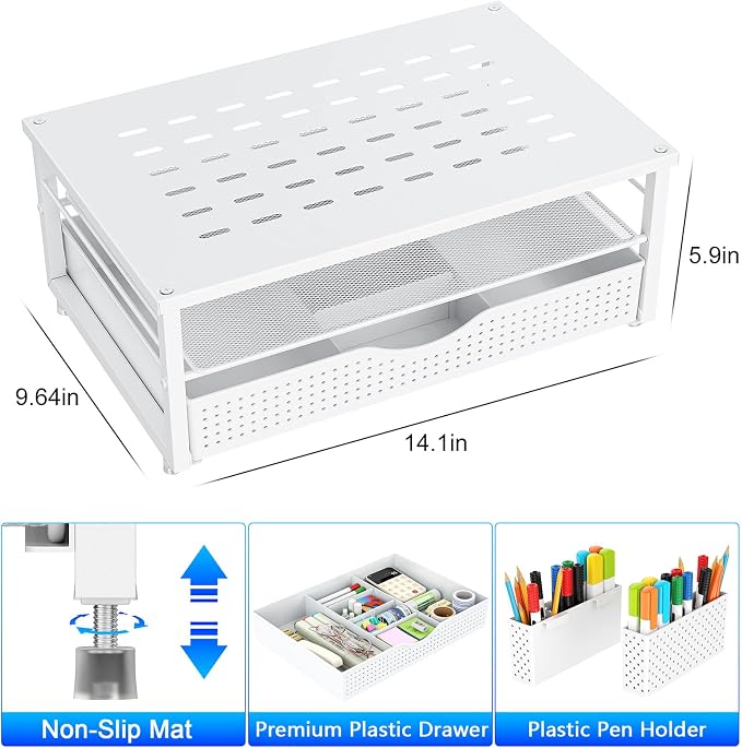gianotter Desk Organizers and Accessories, Monitor Stand with Drawer and 2 Pen Holder, Desktop Organizer Suitable for Offices and Dormitories (White) - Image 5