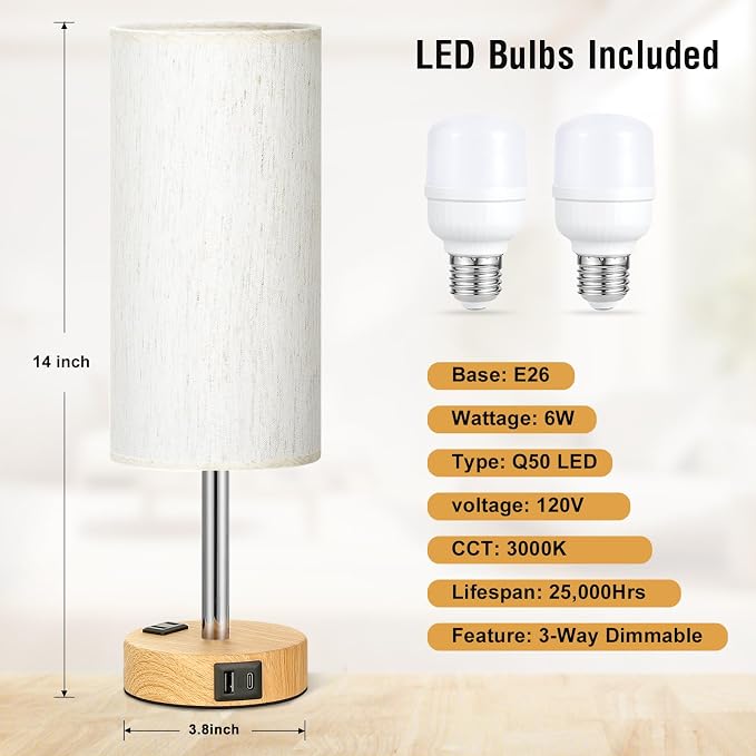 Fenmzee Small Touch Table Lamps Set of 2-3-Way Dimmable, USB A + C Charging, AC Outlet, Wood Grain Base, Bulbs Included - Image 4