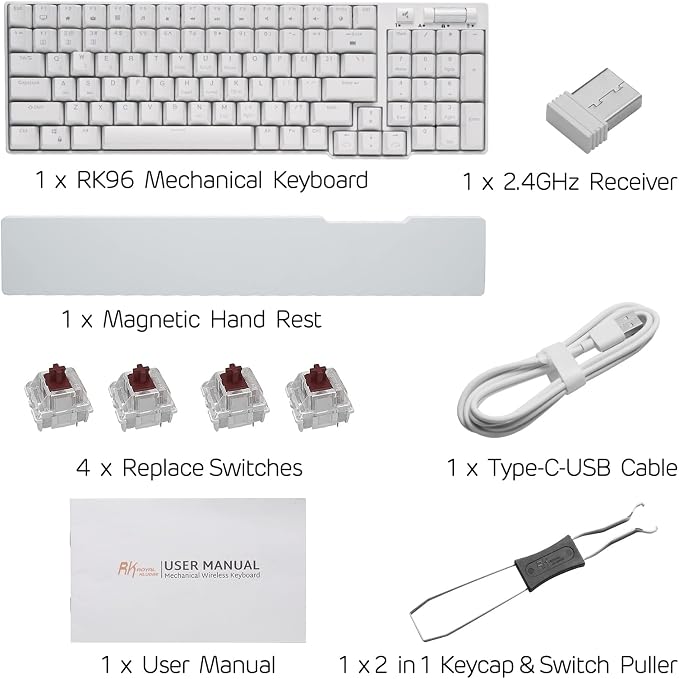 RK ROYAL KLUDGE RK96 Wireless Mechanical Keyboard with Magnetic Wrist Rest | 96 Keys Hot Swappable Wireless Gaming Keyboard with Software, Triple Mode BT5.0/2.4G/USB-C, Blue Backlight, Custom Switch - Image 7