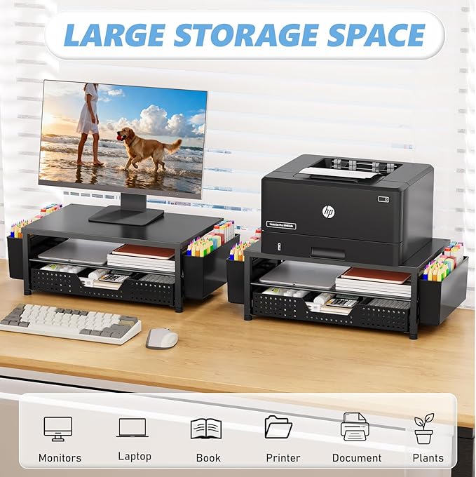 OPNICE Desk Organizer and Accessories, 2-Tier Computer Monitor Stand Riser with Drawer and 2 Pen Holders, Laptop Stand, Office Desk Accessories for Office Supplies, Black 2-Pack - Image 3