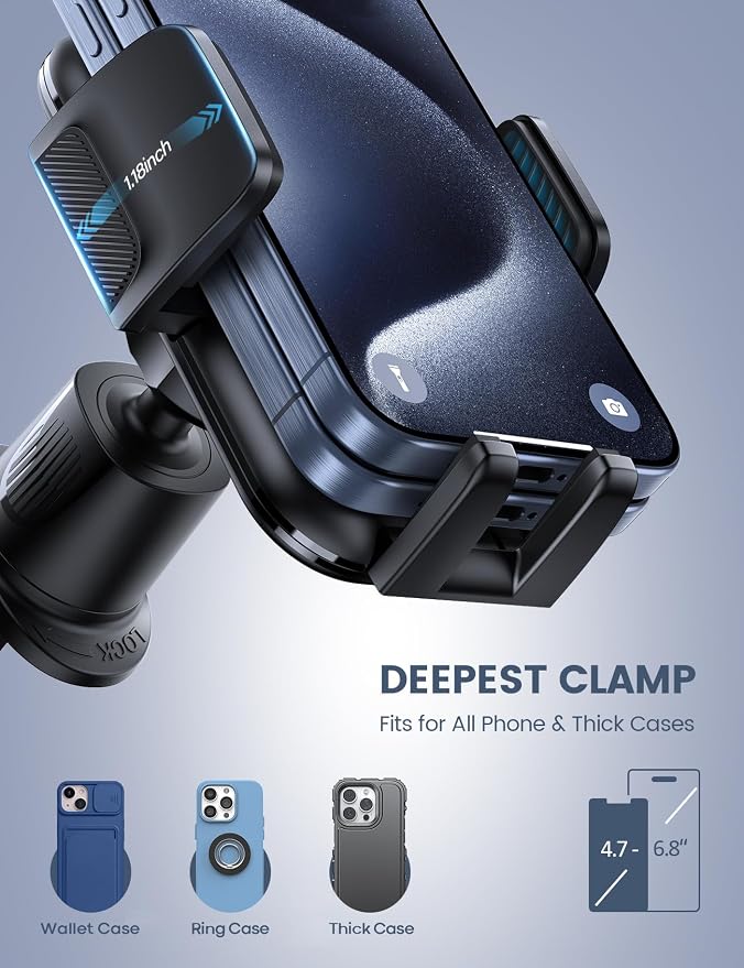 Lamicall 2026 Wider Clamp & Metal Hook Car Phone Holder Vent [Thick Cases Friendly] Phone Holders for Your Car Mount Automobile Hands Free Cradle Air Vent for iPhone 17 16 15 Pro Max Lucite Black - Image 2