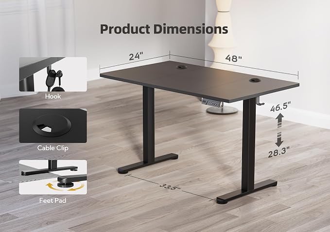 YDN 48 x 24 Inch Black Electric Standing Desk | Adjustable Height, Sit Stand, Cable Management, Ergonomic, Home Office - Image 3