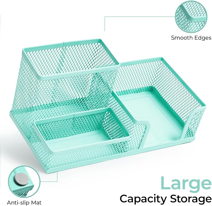 M&G Mesh Pen Holder Desk Organizers Pencil Holder for Desk Light Blue, 3 Compartments Metal Office Supply Organizer with Sticky Notes Holder for Home Office - Image 3