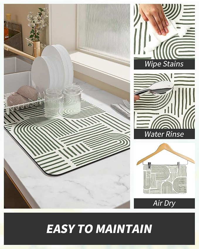 AMOAMI Coffee Mat Hide Stain Rubber Backed Absorbent Dish Drying Mat for Kitchen Counter - Fits Under Coffee Maker & Dish Rack - Green Line 12x19 - Image 4