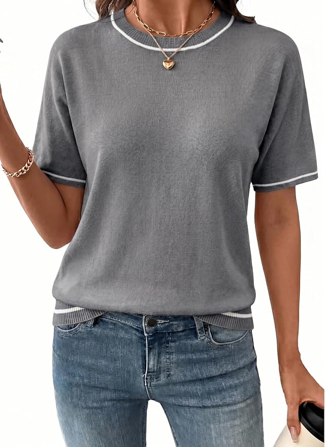 SHEWIN Womens Tops Trendy Short Sleeve Shirts Crewneck Lightweight Knit Sweater Top Business Casual Outfits by SHEWINBeYourFashionStylist
