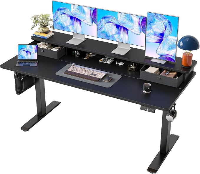 TIQLAB Standing Desk with Two Drawers, Stand Up Standing Desk Adjustable Height, Electric Sit Stand Table with Storage Shelf and Splice Board, 63 * 24 inch, Black by TIQLAB